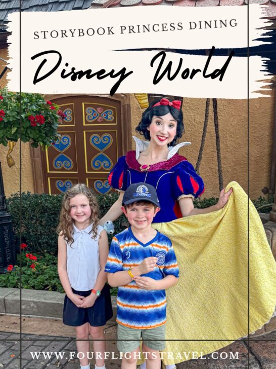 Two smiling kids pose with Snow White at Disney Worlds Storybook Princess Dining, outside a fairytale cottage.