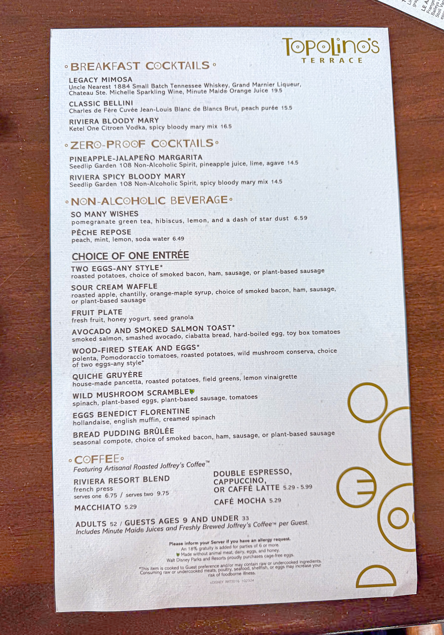 A menu of the adult options at Disney's Topolino Terrace at the Riviera resort.