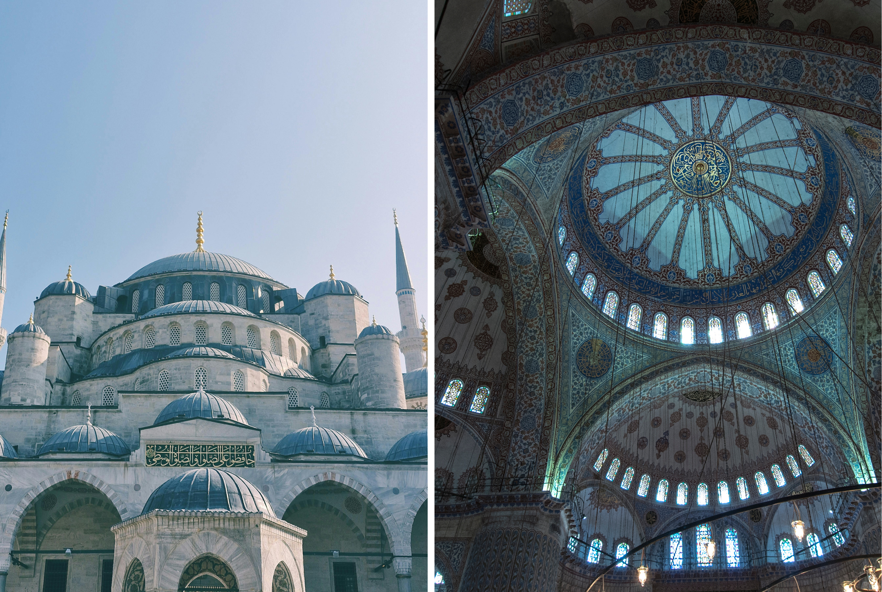 Split image showing the exterior and interior of the Blue Mosque in Istanbul, left side displays its grand domes and minarets under a clear blue sky, while the right side captures the intricate interior dome with detailed tilework and glowing natural light.