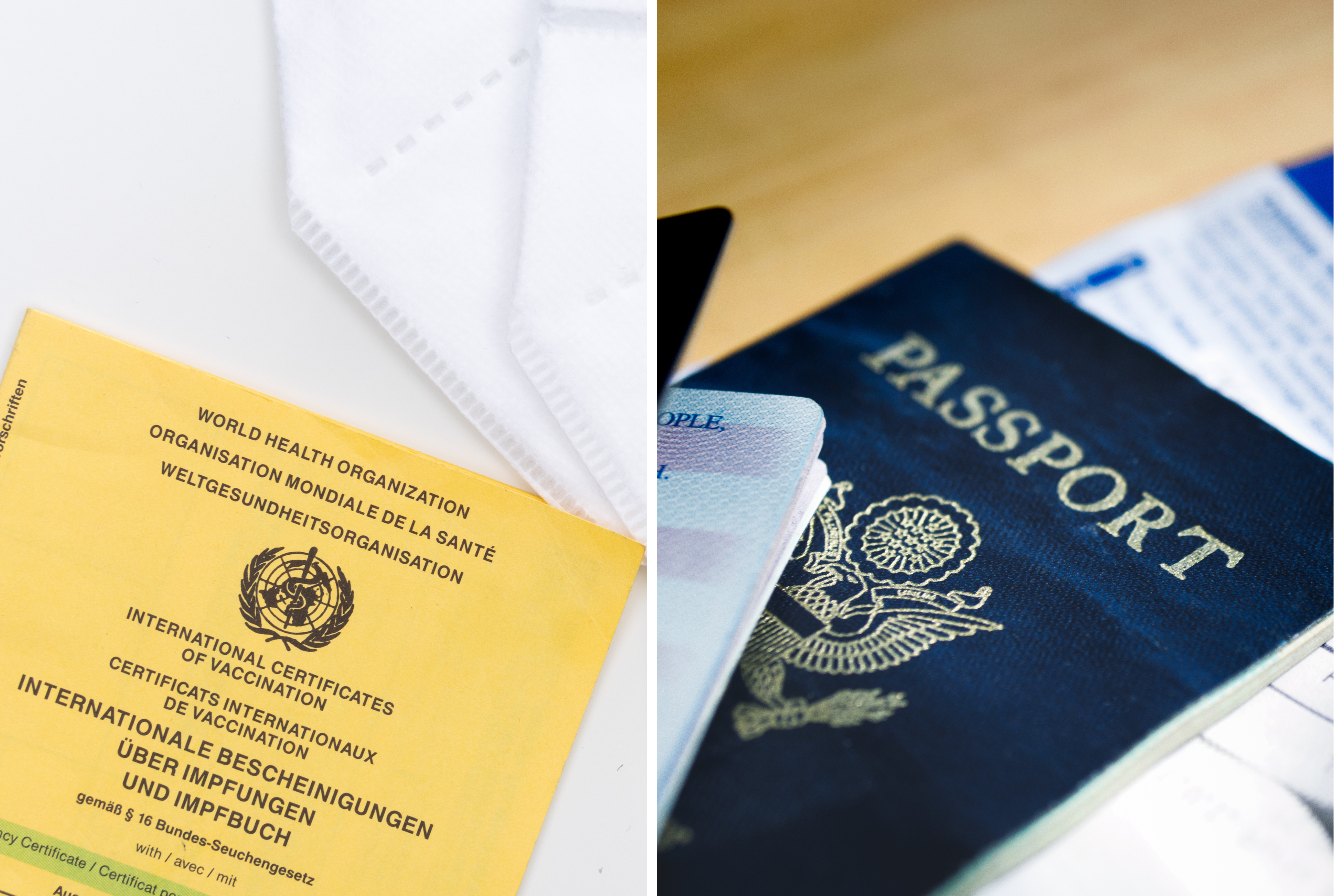 Split image showing travel documents. On the left, a yellow World Health Organization (WHO) International Certificate of Vaccination rests next to a white face mask. On the right, a close-up of a blue U.S. passport partially covering other identification cards and travel papers.