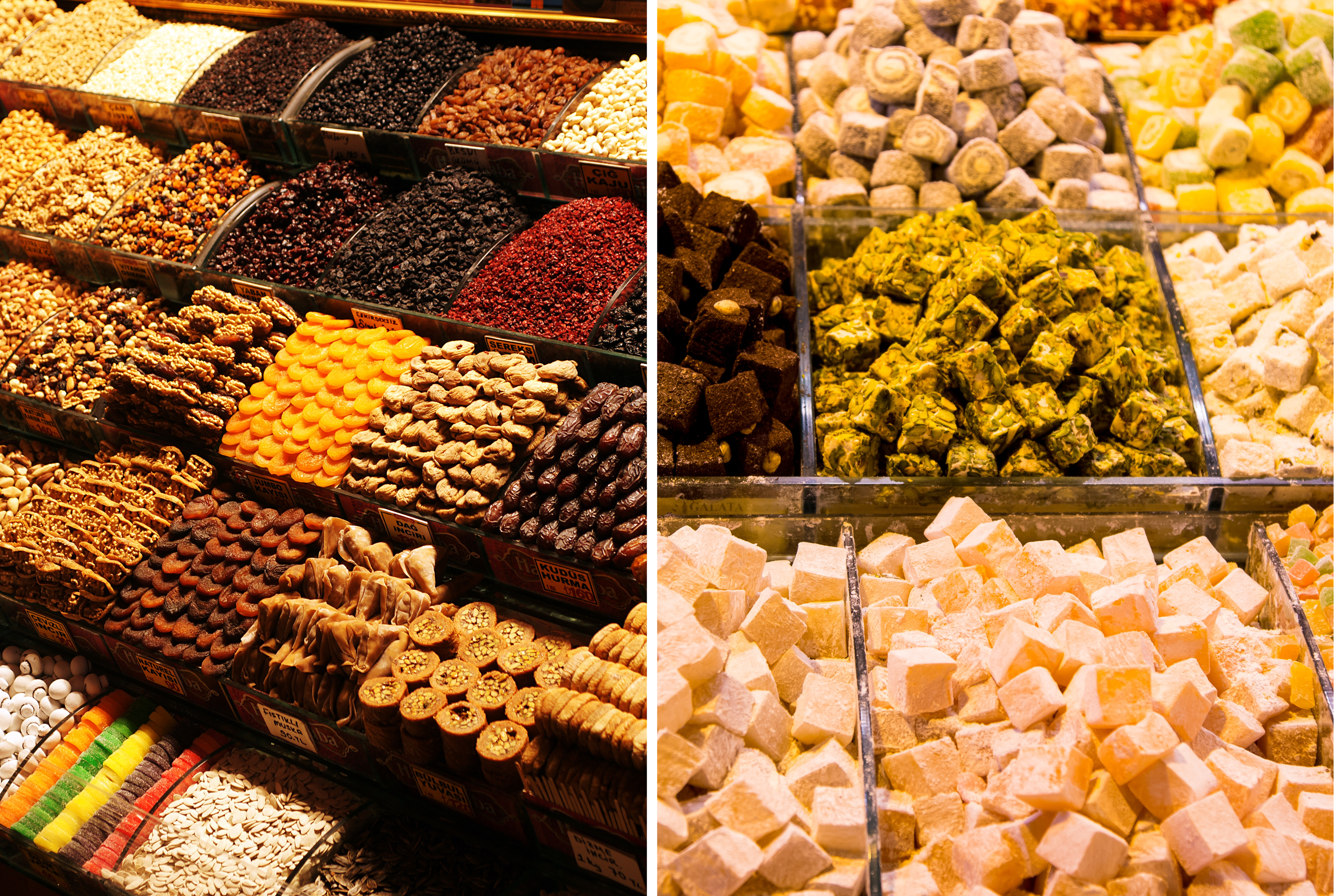 Split image showing traditional Turkish market sweets—left side displays rows of dried fruits, nuts, and snacks, while the right side features colorful varieties of Turkish delight (lokum) in powdered sugar, neatly arranged in bins.