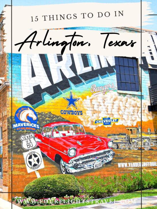 Colorful Arlington, Texas mural featuring a red classic car, sports logos, and bold Arlington lettering.