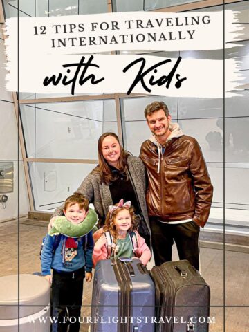Smiling family with two kids and luggage at an airport, promoting travel tips for families with children.