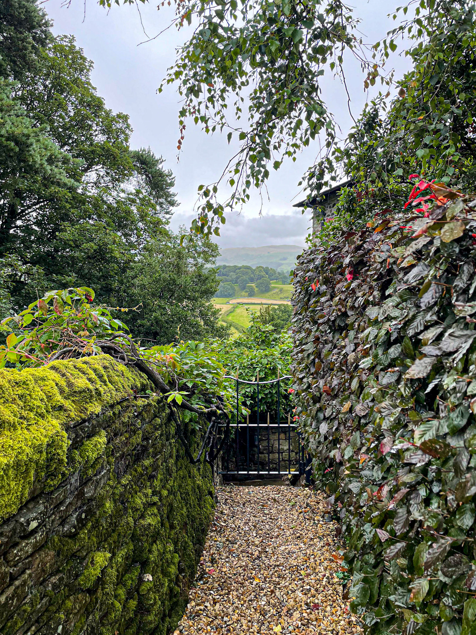 A mossy stone path leads to a black gate to the radical steps, with trees and a green landscape visible in the background.