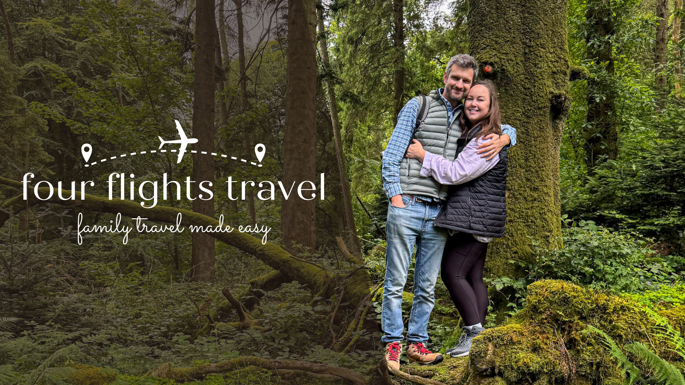 A smiling couple hugs in a lush forest next to the Four Flights Travel family travel logo.
