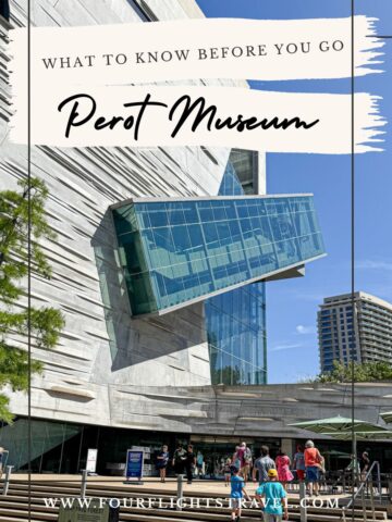Modern Perot Museum building with glass extension; people walk outside under a clear blue sky.