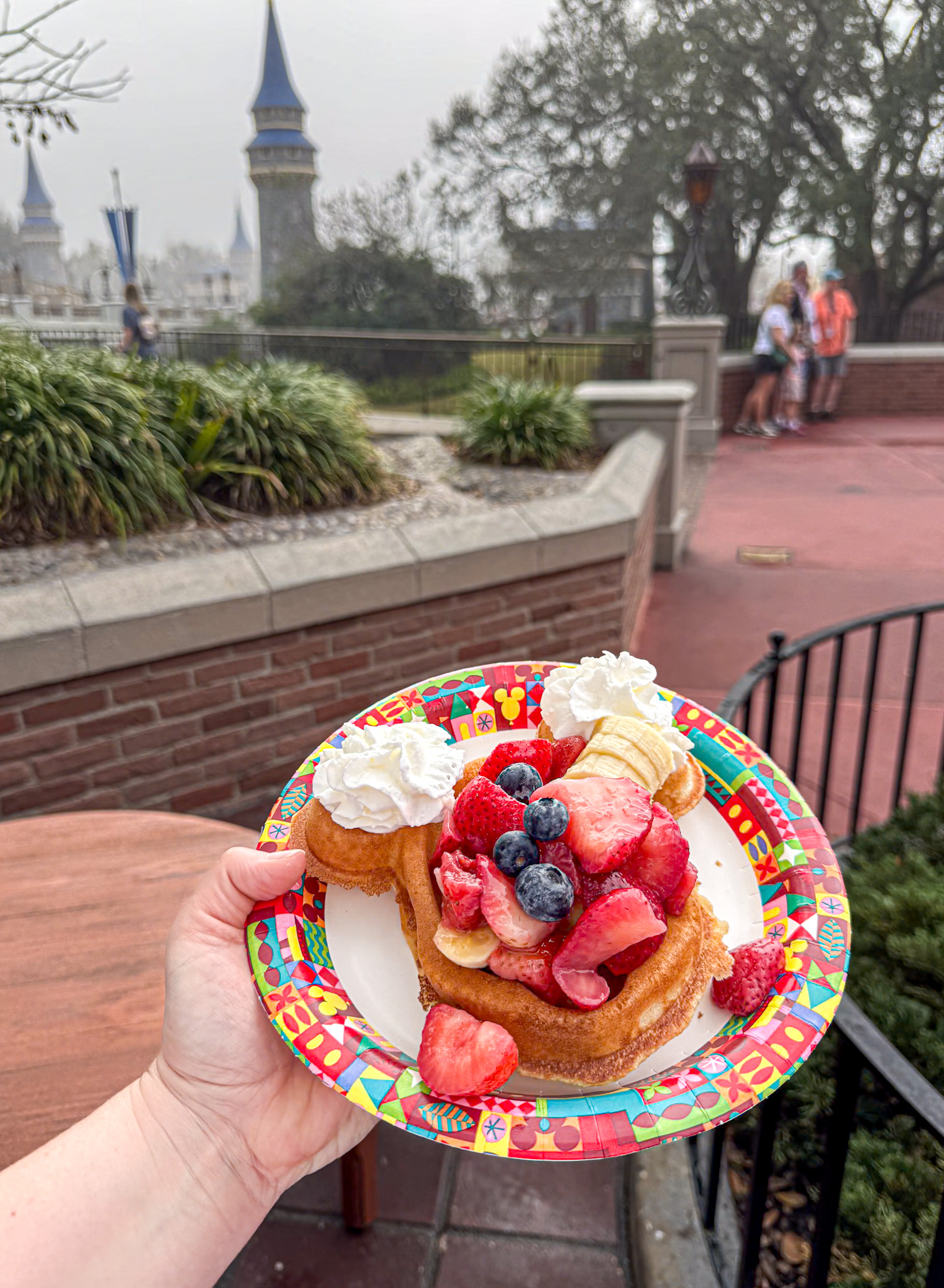 A hand holds a colorful plate with mickey waffles, fruit, banana slices, and whipped cream at a Disney World theme park.