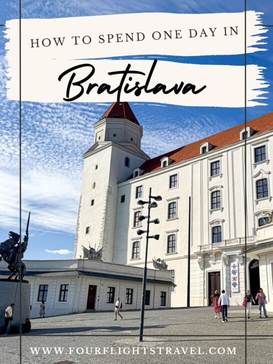 White Bratislava castle with red roof under blue sky; text reads How to Spend One Day in Bratislava.