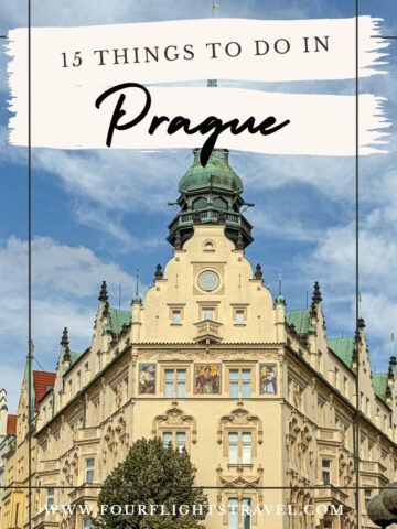 Historic building in Prague with ornate architecture under a blue sky, text overlay: 15 Things to Do in Prague.