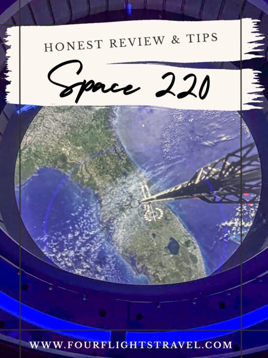 View from Space 220 restaurant showing Earth from space, with text overlay for a review by Four Flights Travel.