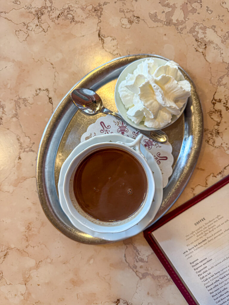 A cup of hot chocolate with whipped cream and a spoon on a silver tray, next to a menu on a marble table.