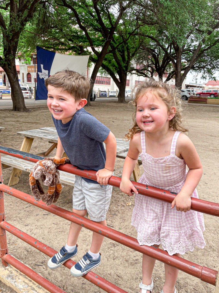 Two smiling children lean on a red fence outdoors, with trees and a Texas flag in the background.