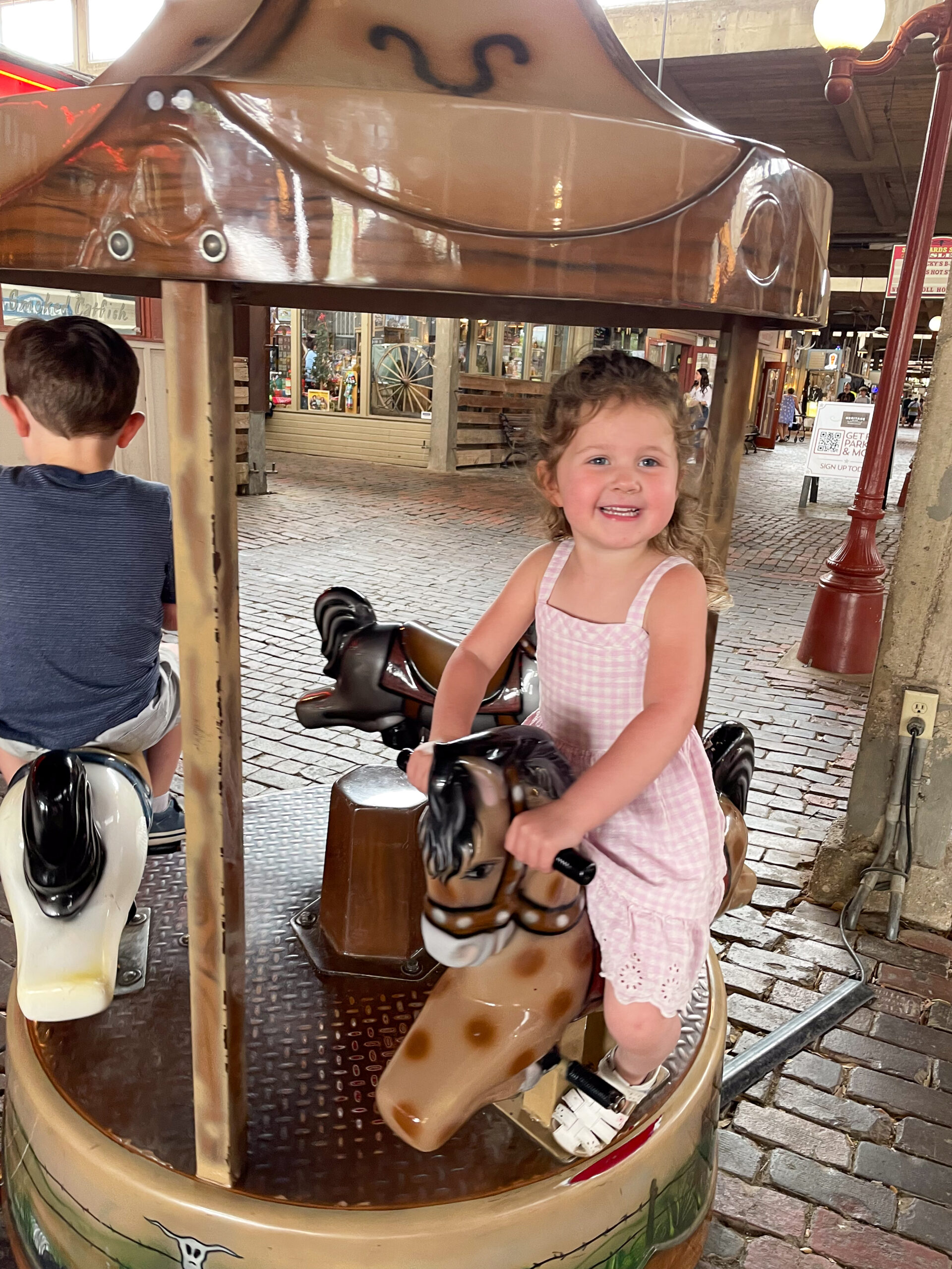 Smiling young girl in a pink dress rides a carousel horse indoors; a boy rides a horse beside her.