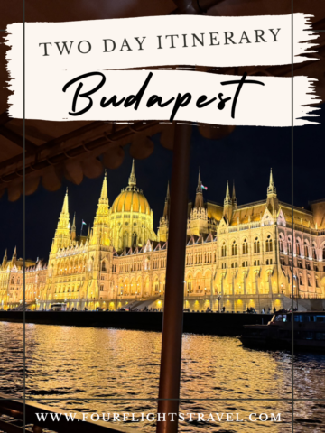 Night view of Budapest Parliament building with “Two Day Itinerary Budapest” text overlay and a travel website link.