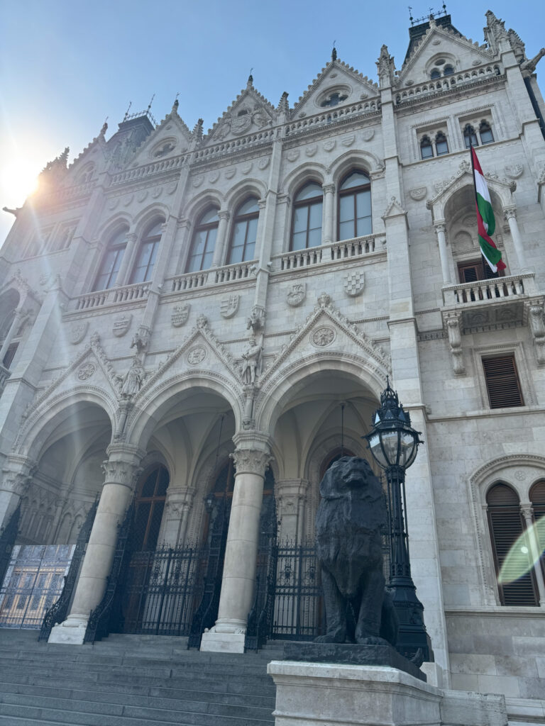Ornate stone building with arched entrances, lion statue, flag, and sunlight shining from the left.