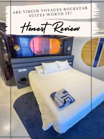 A modern hotel room with a large bed, bold decor, and text about a Virgin Voyages Rockstar Suites review.